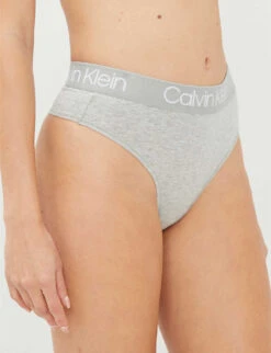 Calvin Klein Logo-print Stretch-cotton Thong -Ress Clothing Shop 109 3003262 000QD3754E020 GREYHEATHER ALT03