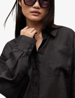 AllSaints Inez Oversized-fit Linen Shirt -Ress Clothing Shop R03885691 BLACK ALT04