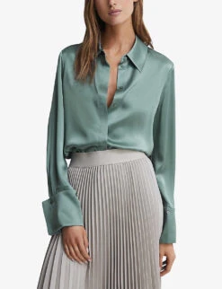 Reiss Hailey Point-collar Silk Shirt -Ress Clothing Shop R03936913 SAGE ALT02