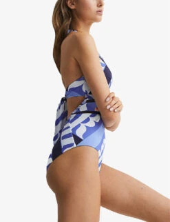 Reiss Gia Graphic-print Halterneck Stretch-woven Swimsuit -Ress Clothing Shop R04001924 BLUEPRINT ALT02