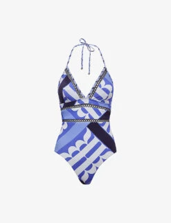 Reiss Gia Graphic-print Halterneck Stretch-woven Swimsuit