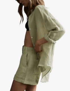 Reiss Ellis Long-sleeved Oversized Linen-blend Shirt -Ress Clothing Shop R04082359 KHAKI ALT02