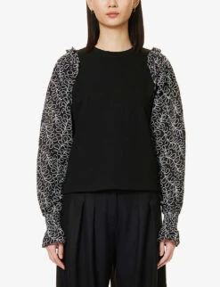 ME AND EM Embroidered-sleeve Cotton-blend Sweatshirt -Ress Clothing Shop R04094216 BLACKWHITE ALT02