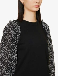 ME AND EM Embroidered-sleeve Cotton-blend Sweatshirt -Ress Clothing Shop R04094216 BLACKWHITE ALT04