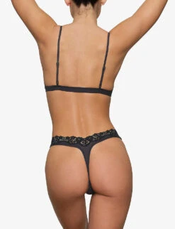 Fits Everybody Lace-trimmed Stretch-woven Thong -Ress Clothing Shop R04107112 ONYX ALT03