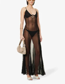 Bat Girl Ring-detail Crepe Maxi Dress -Ress Clothing Shop R04124432 BLACK ALT01