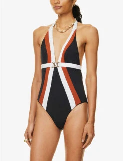 Max Mara Cristel Halterneck Logo-plaque Swimsuit -Ress Clothing Shop R04127757 BLACK ALT02