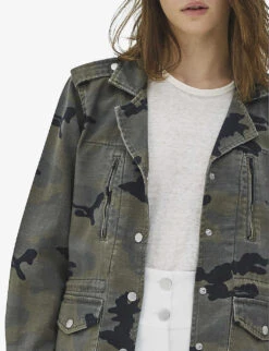 Ikks Camouflage-patterned Badge-embellished Regular-fit Denim Jacket -Ress Clothing Shop R04156394 EMERALD ALT04