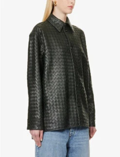 Bottega Veneta Intrecciato Dipped-hem Leather Shirt -Ress Clothing Shop R04159965 DARKGREEN ALT02