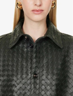 Bottega Veneta Intrecciato Dipped-hem Leather Shirt -Ress Clothing Shop R04159965 DARKGREEN ALT04