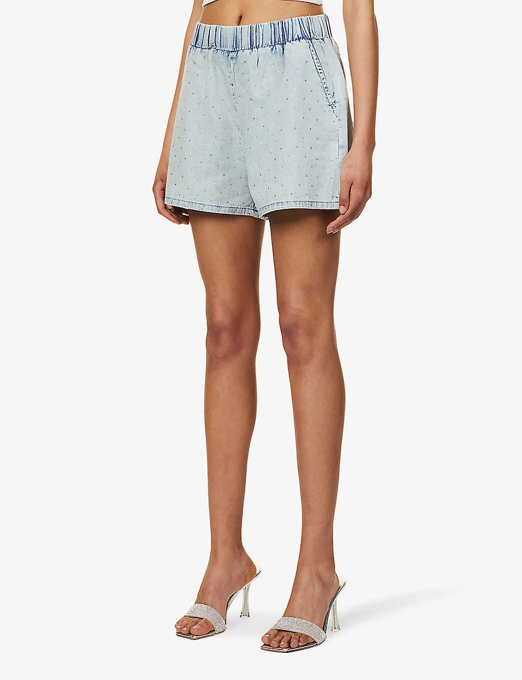 GOOD AMERICAN The Weekender Rhinestone-embellished Faded-wash Mid-rise Denim Shorts 5 GOOD AMERICAN The Weekender Rhinestone-embellished Faded-wash Mid-rise Denim Shorts - Image 3