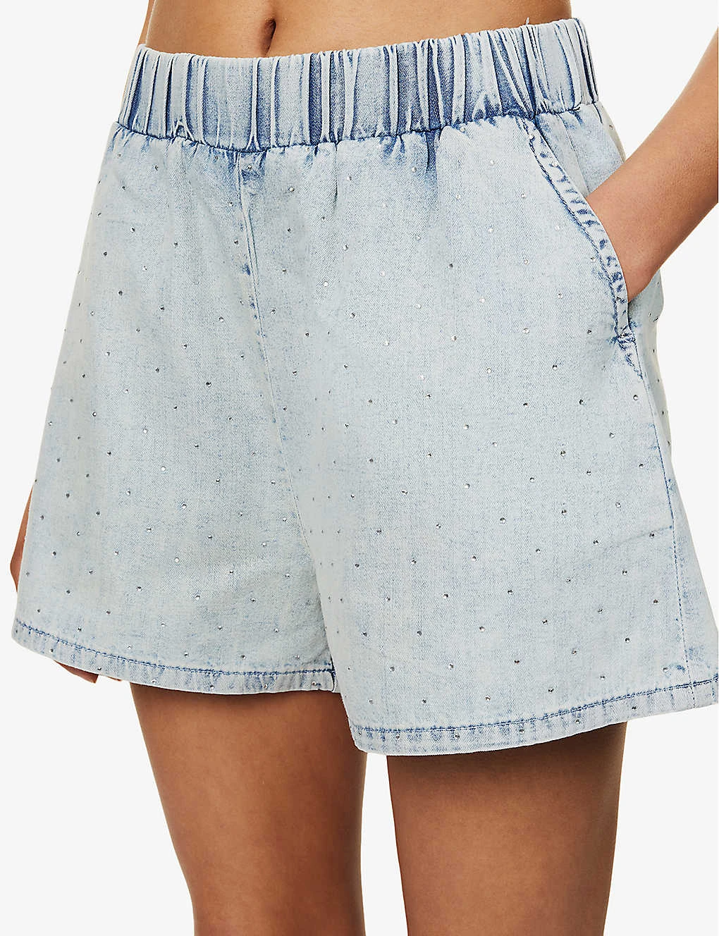 GOOD AMERICAN The Weekender Rhinestone-embellished Faded-wash Mid-rise Denim Shorts 7 GOOD AMERICAN The Weekender Rhinestone-embellished Faded-wash Mid-rise Denim Shorts - Image 5