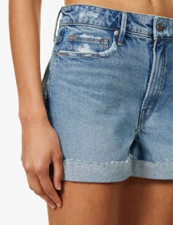 GOOD AMERICAN Good Girlfriend Petite Faded-wash Recycled-denim Shorts -Ress Clothing Shop R04166606 INDIGO474 ALT04