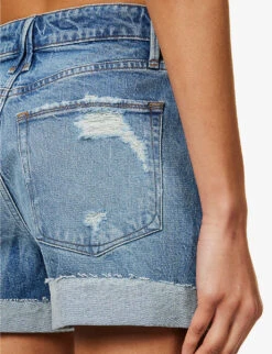 GOOD AMERICAN Good Girlfriend Petite Faded-wash Recycled-denim Shorts -Ress Clothing Shop R04166606 INDIGO474 ALT05