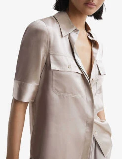 Reiss Aubrey Short-sleeve Silk Shirt -Ress Clothing Shop R04169200 CHAMPAGNE ALT04