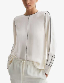 Reiss Estella Contrast-tip Long-sleeve Stretch-woven Blouse 9 Reiss Estella Contrast-tip Long-sleeve Stretch-woven Blouse -Ress Clothing Shop R04169209 CREAM ALT02
