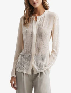 Reiss Robyn Rhinestone-embellished Woven Blouse -Ress Clothing Shop R04169210 CREAM ALT02