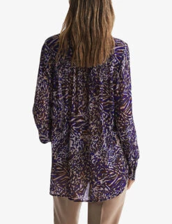 Reiss Tora Animal-print Neck-tie Woven Blouse -Ress Clothing Shop R04169213 BLUE ALT03
