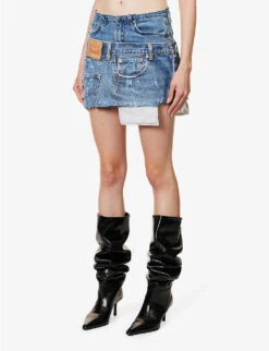 Distressed Logo-patch Upcycled Denim Mini Skirt -Ress Clothing Shop R04180694 BLUEMIX ALT02