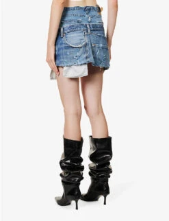 Distressed Logo-patch Upcycled Denim Mini Skirt -Ress Clothing Shop R04180694 BLUEMIX ALT03