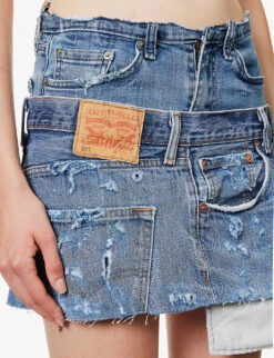 Distressed Logo-patch Upcycled Denim Mini Skirt -Ress Clothing Shop R04180694 BLUEMIX ALT04