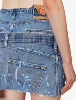 Distressed Logo-patch Upcycled Denim Mini Skirt -Ress Clothing Shop R04180694 BLUEMIX ALT05