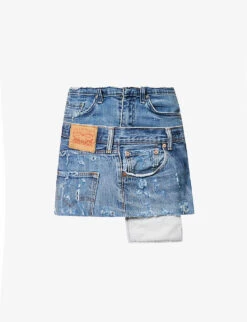 Distressed Logo-patch Upcycled Denim Mini Skirt