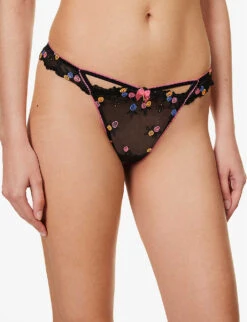 Neon Floral-embroidered Stretch-mesh Thong -Ress Clothing Shop R04180936 BLACK ALT02