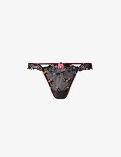 Neon Floral-embroidered Stretch-mesh Thong