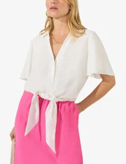 Flutter-sleeve Self-tie Relaxed-fit Woven Shirt 8 Flutter-sleeve Self-tie Relaxed-fit Woven Shirt -Ress Clothing Shop R04185925 WHITE ALT02