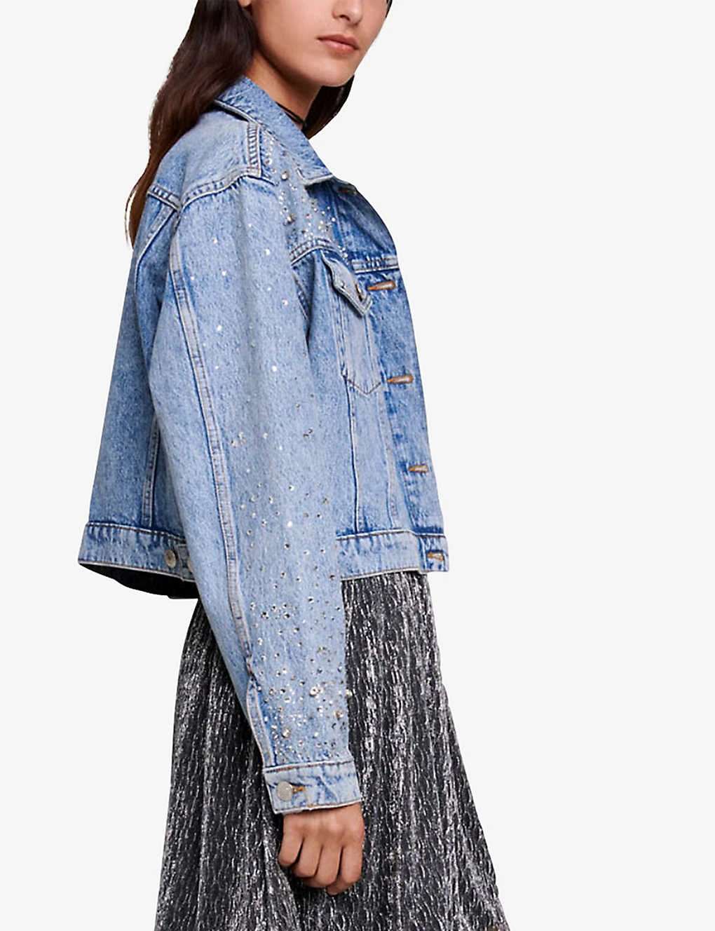 Maje Betoile Rhinestone-embellished Faded Denim Jacket 5 Maje Betoile Rhinestone-embellished Faded Denim Jacket - Image 3
