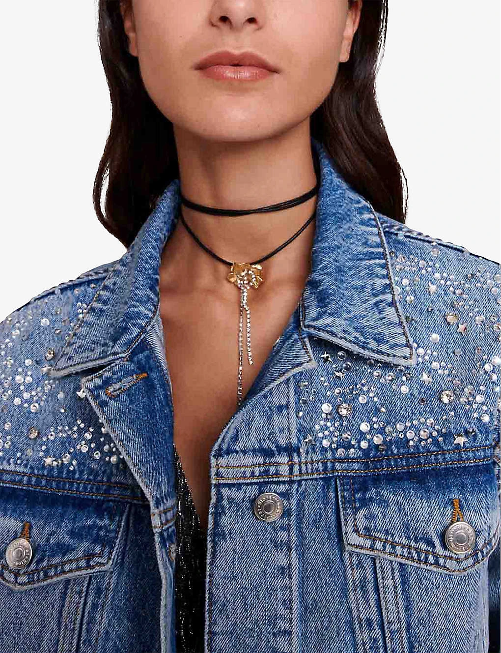 Maje Betoile Rhinestone-embellished Faded Denim Jacket 7 Maje Betoile Rhinestone-embellished Faded Denim Jacket - Image 5