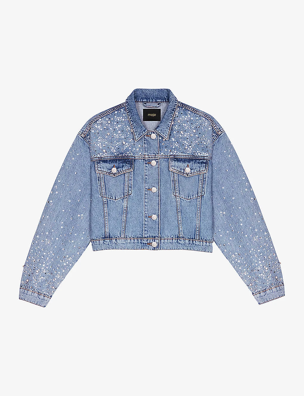Maje Betoile Rhinestone-embellished Faded Denim Jacket 3 Maje Betoile Rhinestone-embellished Faded Denim Jacket
