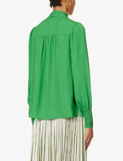 ME AND EM Shirred-trim Self-tie Silk Blouse -Ress Clothing Shop R04194877 RAINFORESTGREEN ALT03