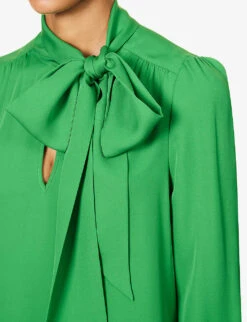 ME AND EM Shirred-trim Self-tie Silk Blouse -Ress Clothing Shop R04194877 RAINFORESTGREEN ALT04
