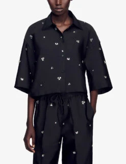 Sandro Mentissa Crystal-embellished Woven Shirt -Ress Clothing Shop R04197499 NOIRGRIS ALT02