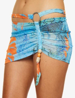 Jaded London Ruched Bead-embellished Stretch-mesh Mini Skirt -Ress Clothing Shop R04197646 MONSTERAPRINT ALT04